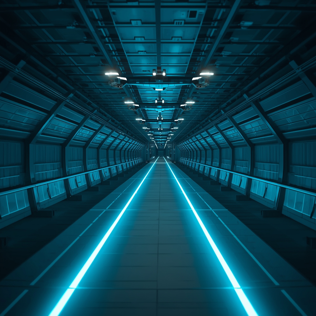A high-tech, ultra-modern underground logistics hub. Glowing neon blue and cyan light trails trace the paths of autonomous cargo drones flying through a vast, cavernous facility. The architecture is sleek, metallic, and minimalist. High contrast, cinematic lighting, 8k resolution. No people. No women.